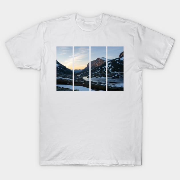 Wonderful landscapes in Norway. Vestland. Beautiful scenery of mountain valley in Rauma on the Geiranger -Trollstigen scenic route. Snowed mountains at the sunset T-Shirt by fabbroni-art